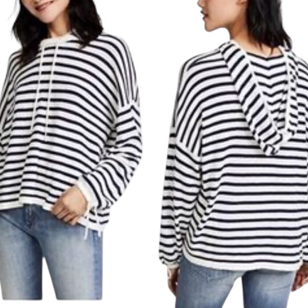 Splendid Striped Hoodie Sweater Navy White Tie Sleeve Medium